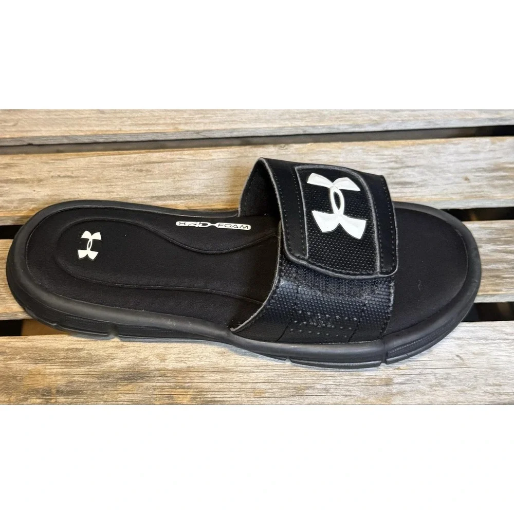 Under Armour Sandals Kids Size 3 Black 4D Foam Slide Adjustable Logo Comfort